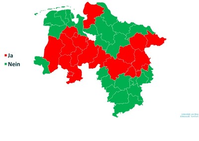 Ausbreitung des Erdmandelgrases in Niedersachsen (Stand: 2024). 2021 wurde die betroffene Fläche noch auf 10-12.000 ha geschätzt, 2024 waren es bereits ca. 200.000 ha. - © Pflanzenschutzamt / LWK Niedersachsen Karte zeigt Regionen in Rot und Grün. Rot steht für "Ja", Grün für "Nein".