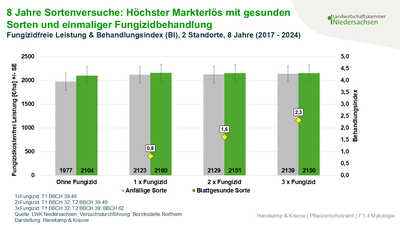 Abb. 3: 8 Jahre Sortenversuch Höchster Markterlös mit gesunden Sorten - © Dr. Hendrik Hanekamp Grafik 8 Jahre Sortenversuch Höchster Markterlös mit gesunden Sorten